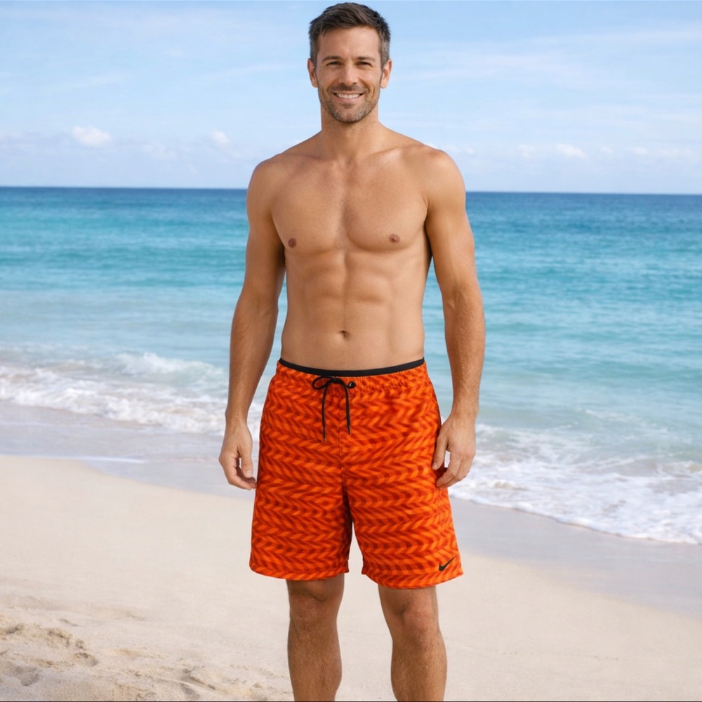 Nike Men’s XL Swim Trunks Orange Geometric Beach Shorts Lined Drawstring - Picture 2 of 5